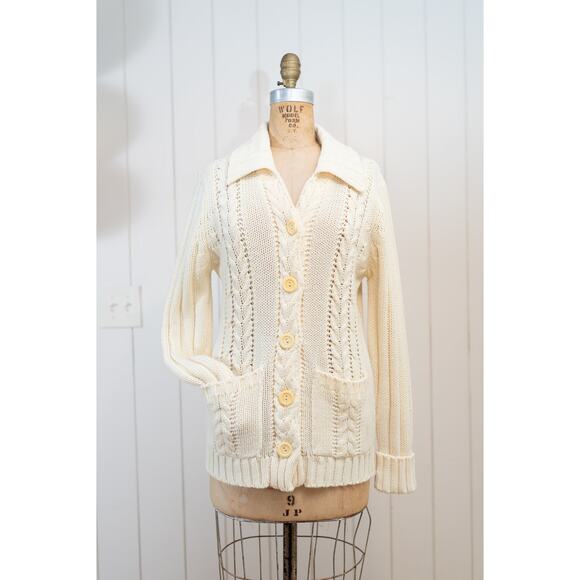 Vintage Cream Cable Knit Fisherman Sweater, Cottage Acrylic Cardigan, Pockets, M - Picture 2 of 11